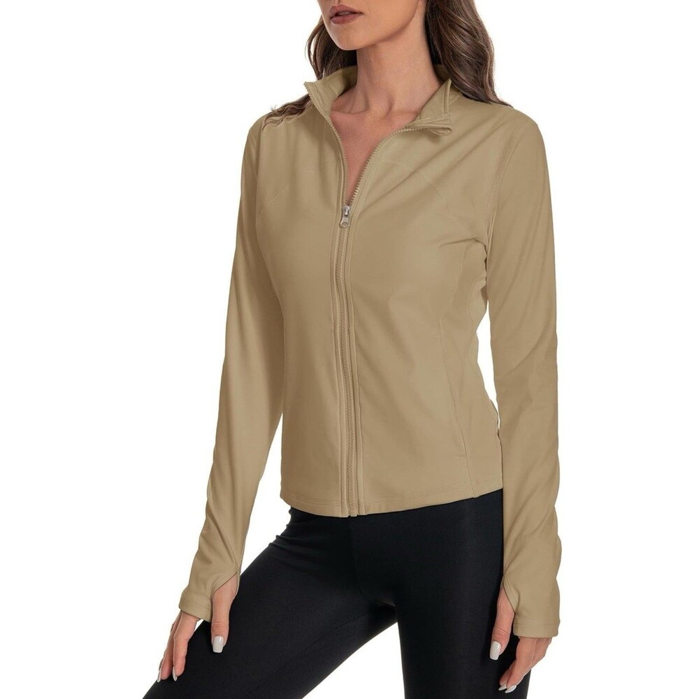 Women's Athletic Full Zip Lightweight Workout Jacket Outdoor Slim Fit Khaki Med
